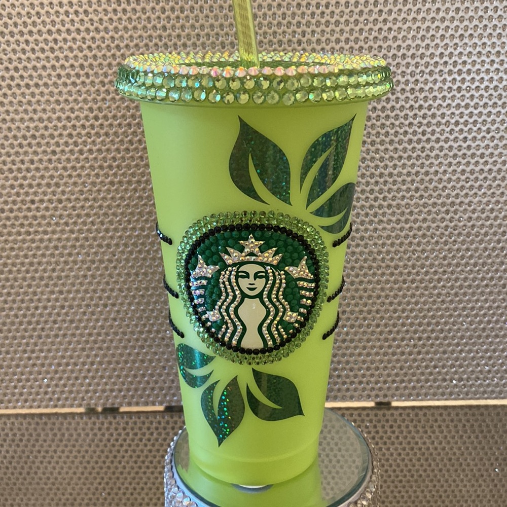 Starbucks Neon Green Rhinestone Logo Tumbler with Leaf Design - Picture 8 of 8